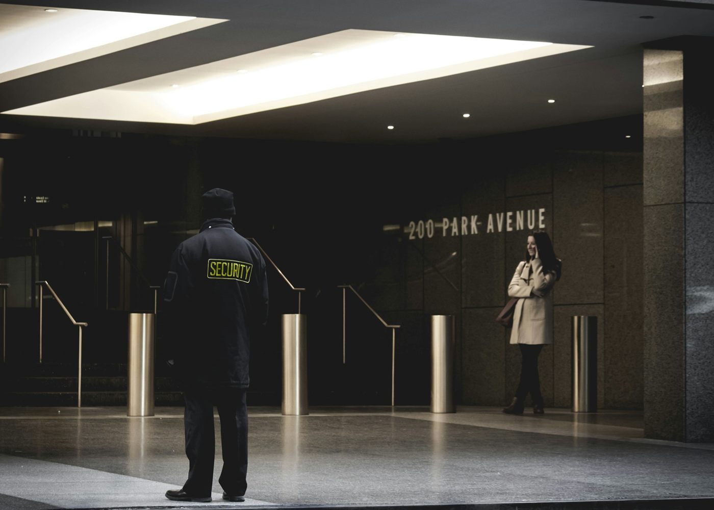 Security guard in a building lobby